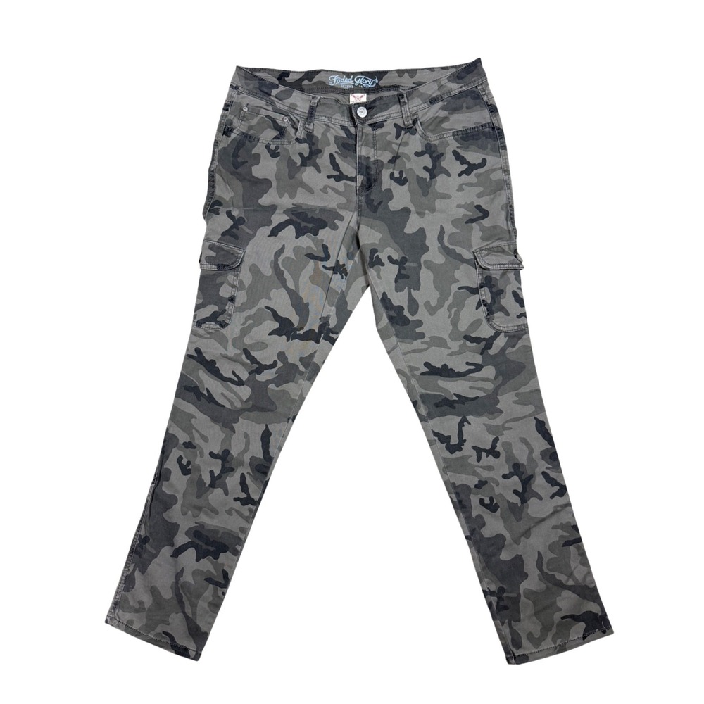 Faded Glory Skinny Cargo Pants Womens 14 Green Camo Mid Rise Utility Stretch